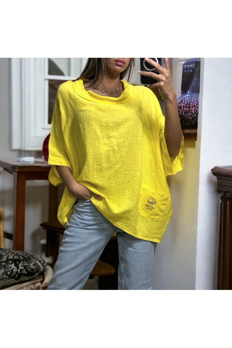 Oversized yellow top in 100% Linen with a round neck - 2