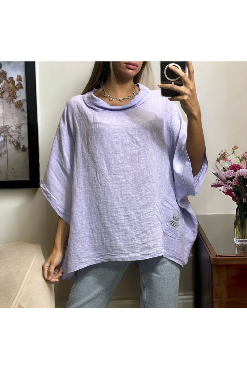 Oversized lilac top in 100% linen with a round neck - 1