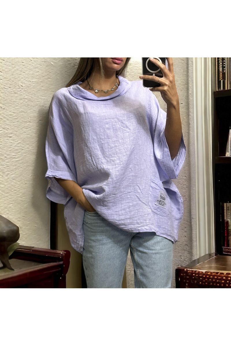 Oversized lilac top in 100% linen with a round neck - 2