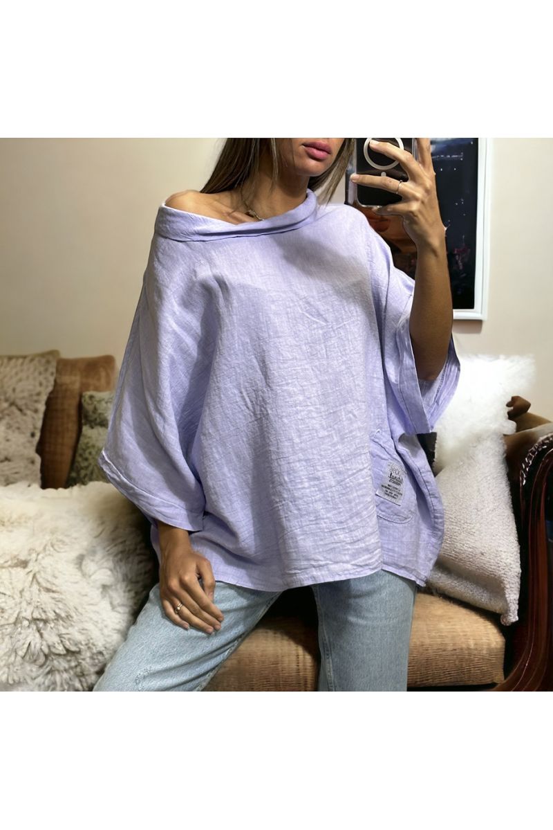 Oversized lilac top in 100% linen with a round neck - 3