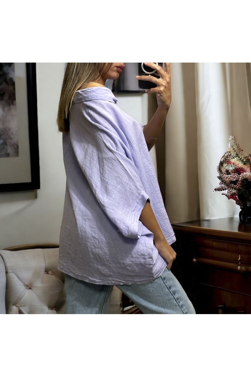 Oversized lilac top in 100% linen with a round neck - 4