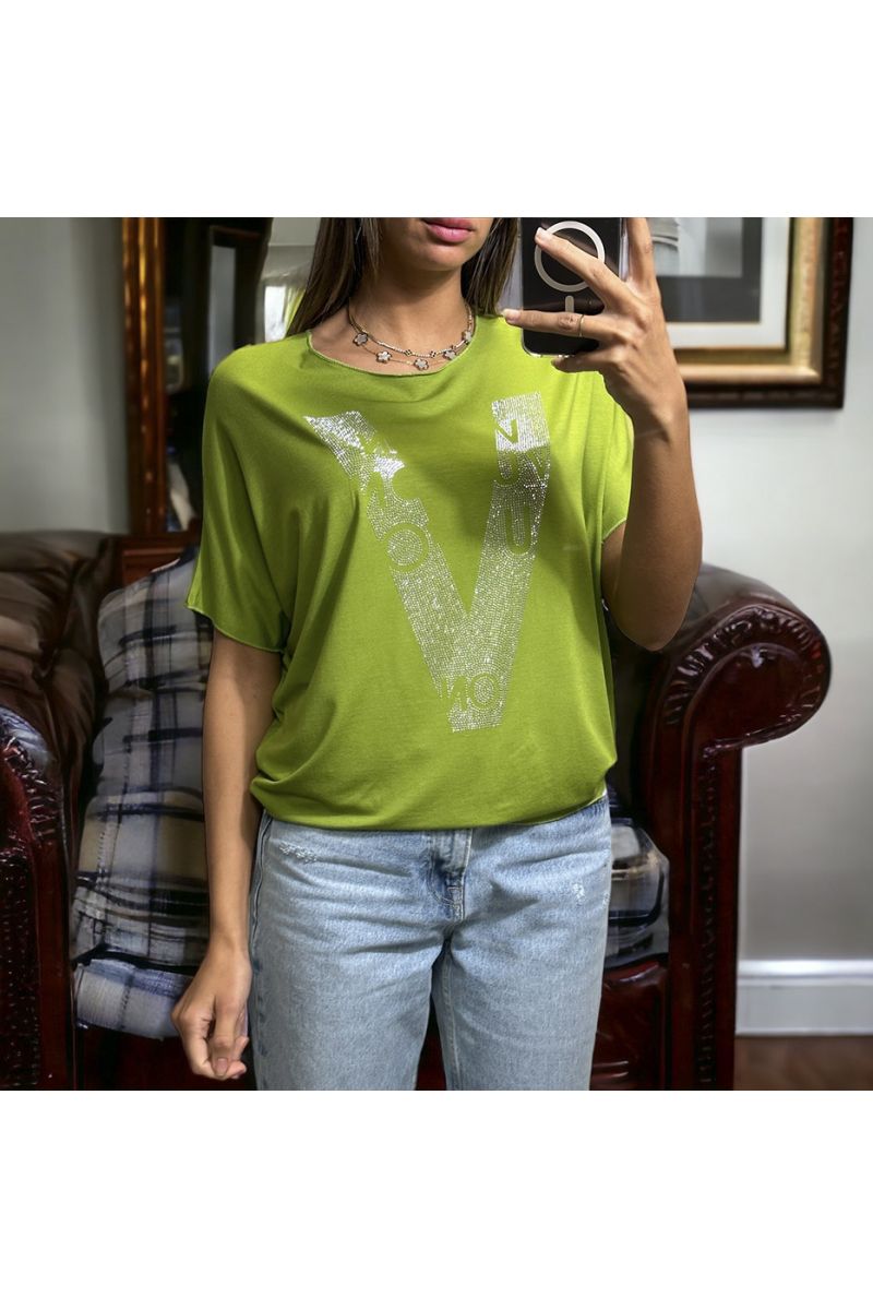 T-shirt over size en coton vert avec motif V inspi en strass - 3
