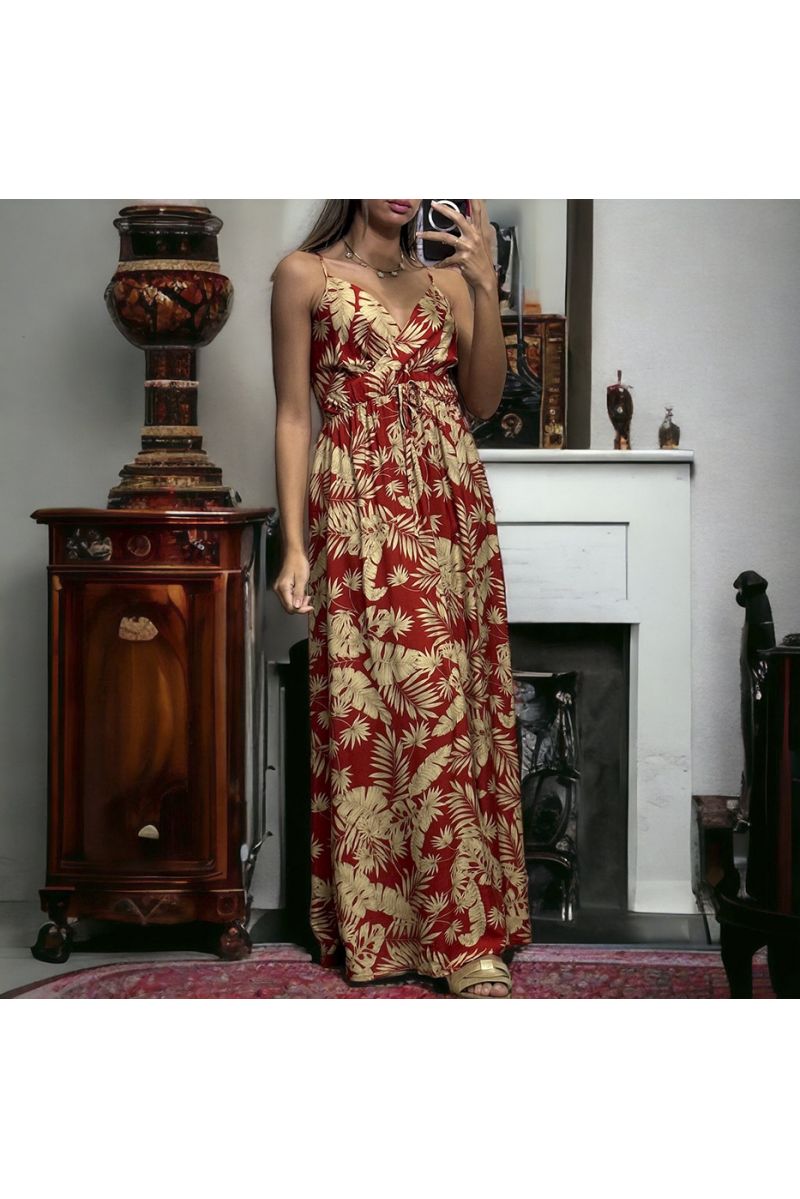 Longue robe bretelle à motif feuille rouge croisé au buste - 1