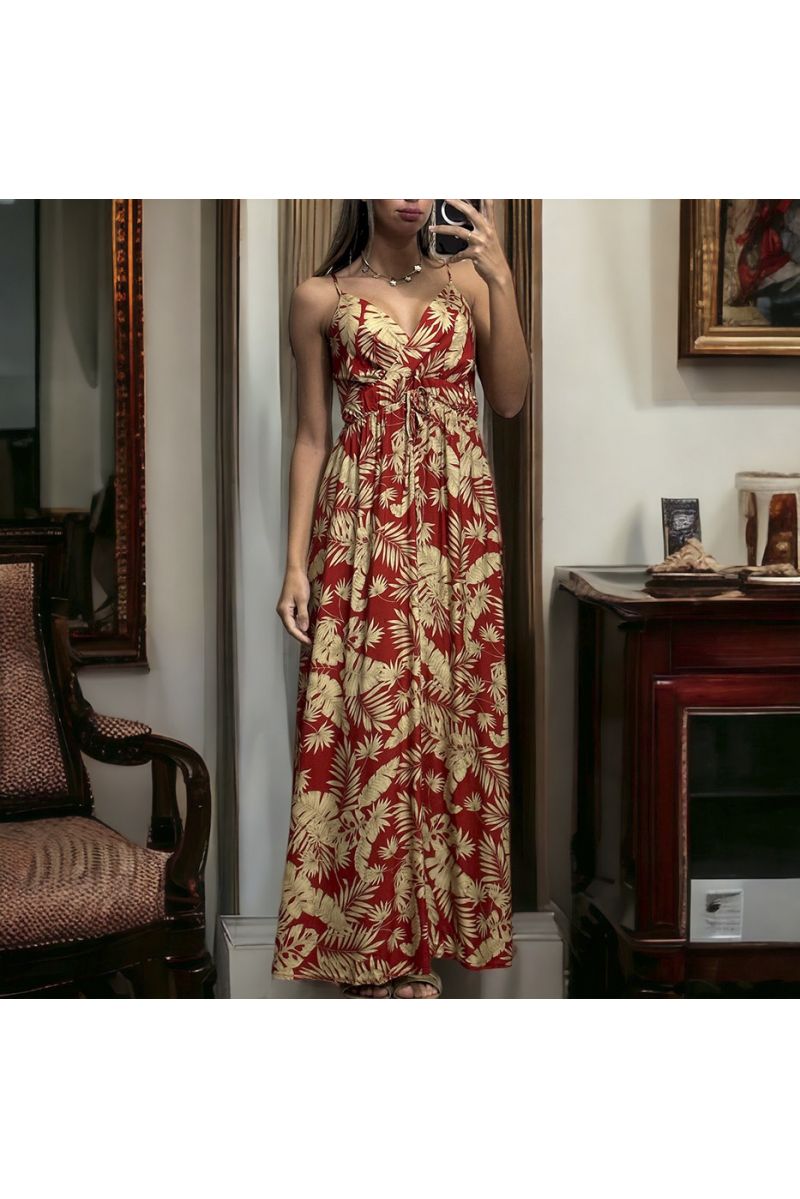 Longue robe bretelle à motif feuille rouge croisé au buste - 2