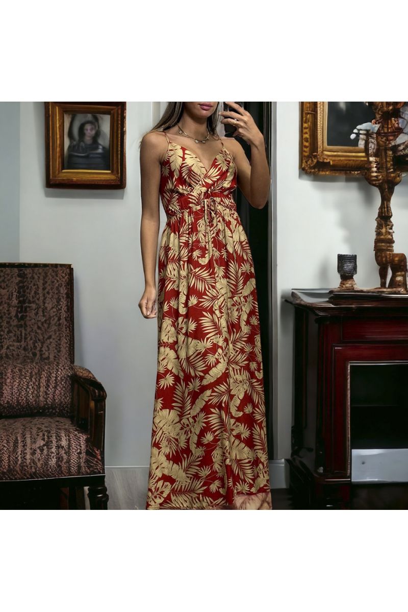 Longue robe bretelle à motif feuille rouge croisé au buste - 3