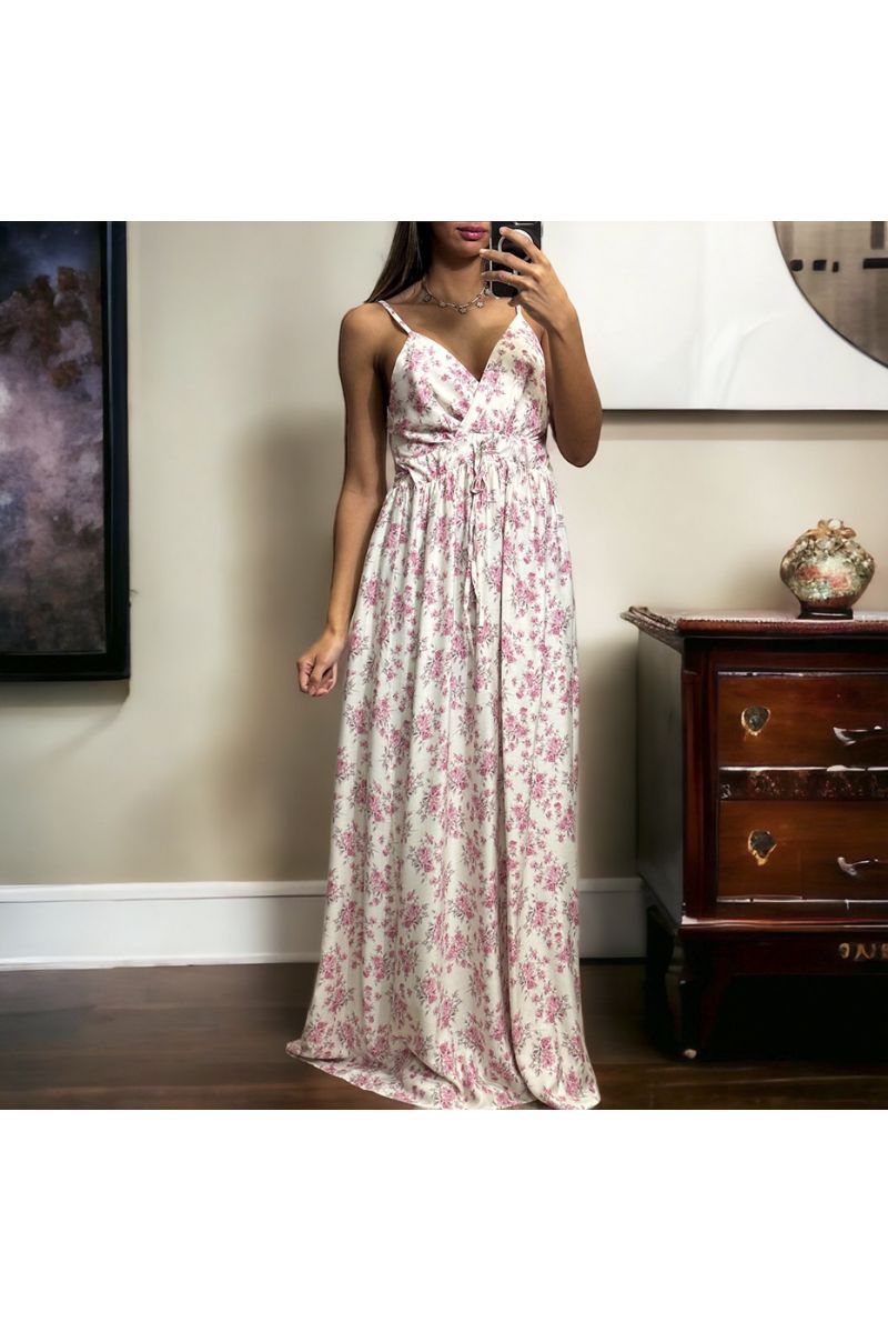 Long strap dress with pattern in white and pink crossed at the bust - 1