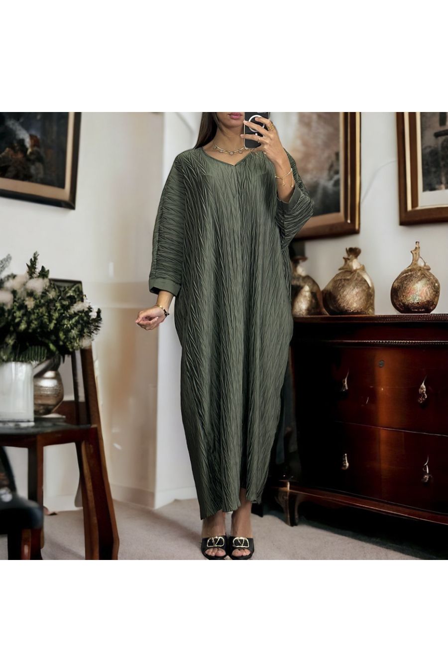Longue robe col v kaki avec motif - 1