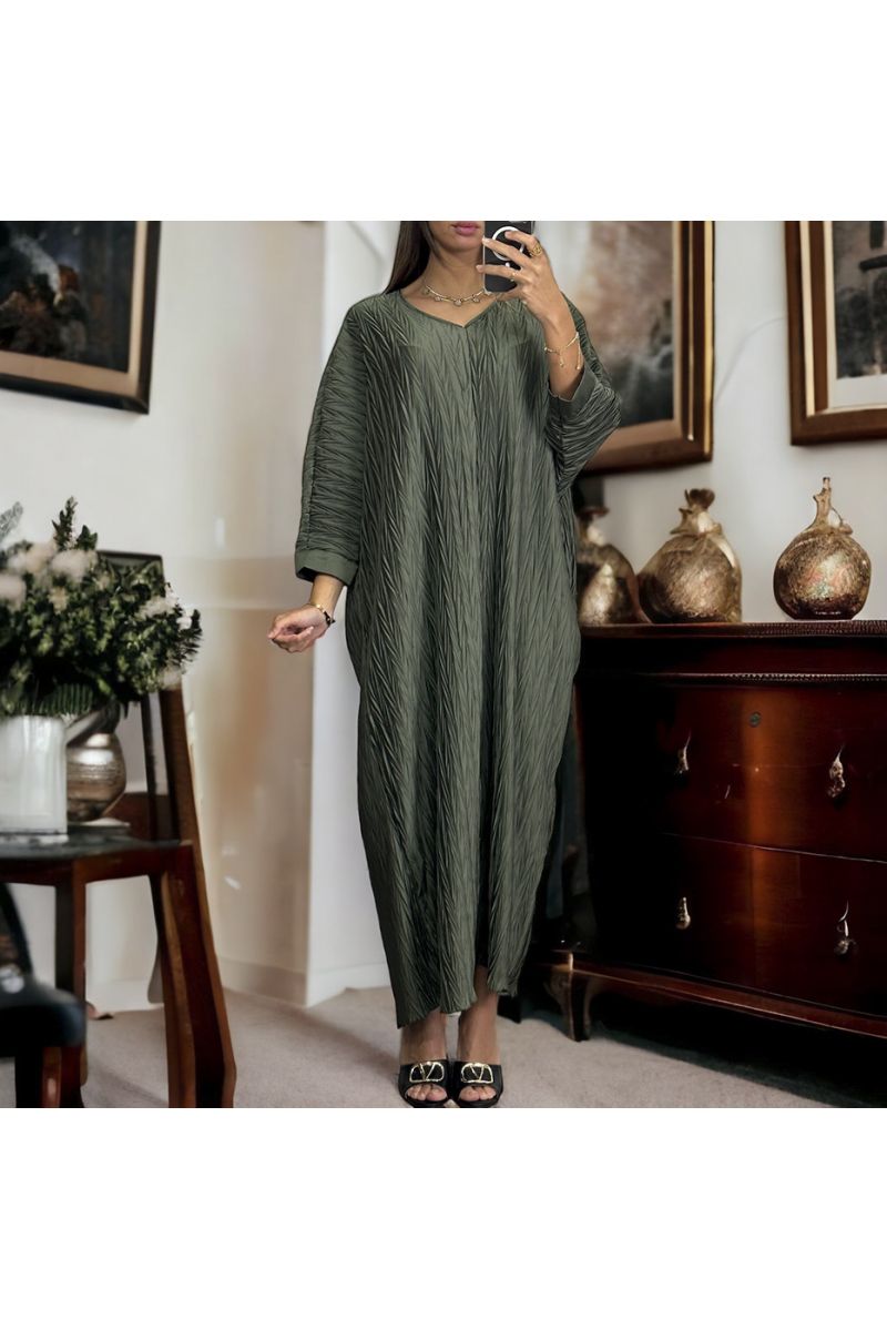 Long khaki v-neck dress with pattern - 1