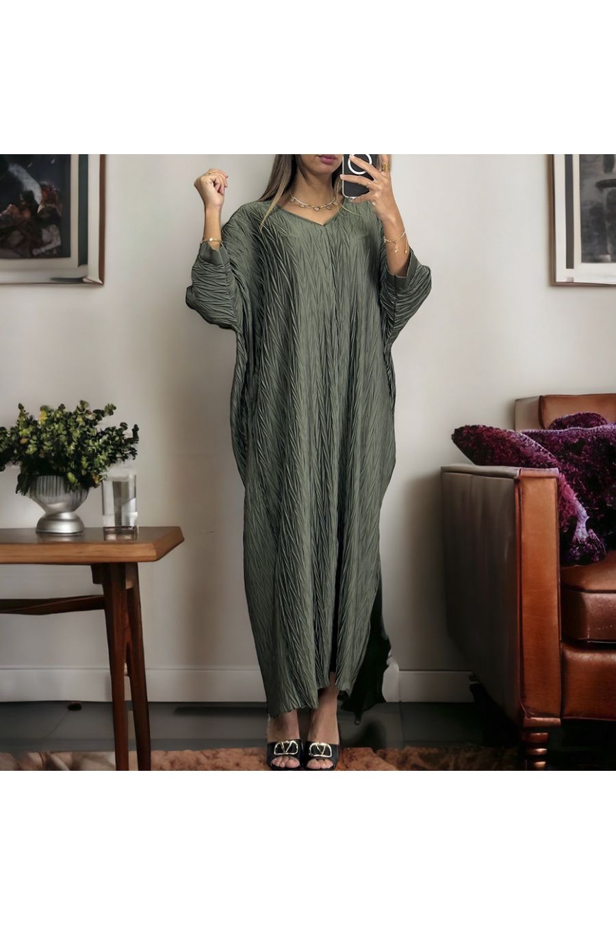 Longue robe col v kaki avec motif - 2