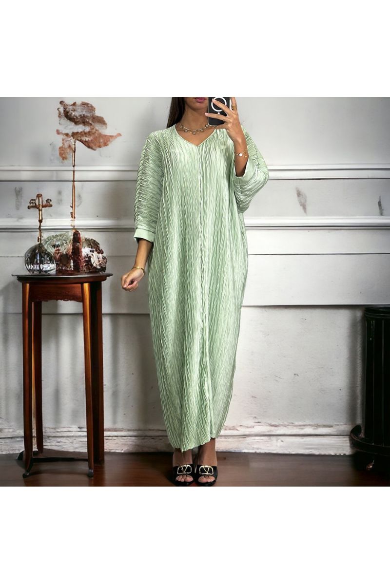 Long water green v-neck dress with pattern - 1