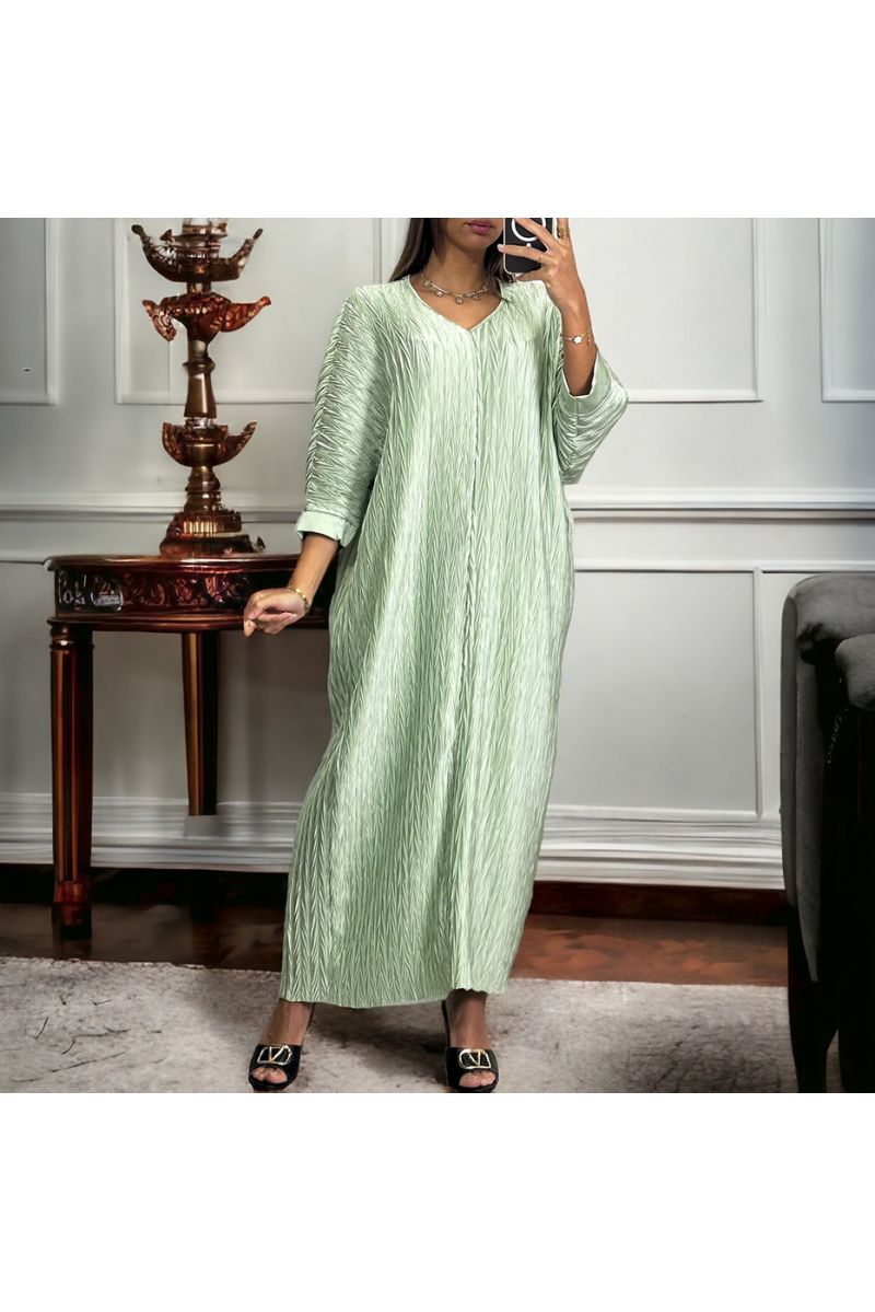 Long water green v-neck dress with pattern - 2