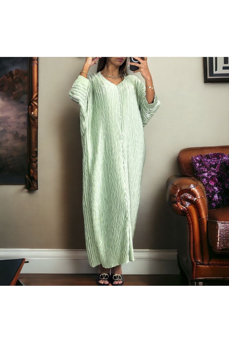 Long water green v-neck dress with pattern - 3