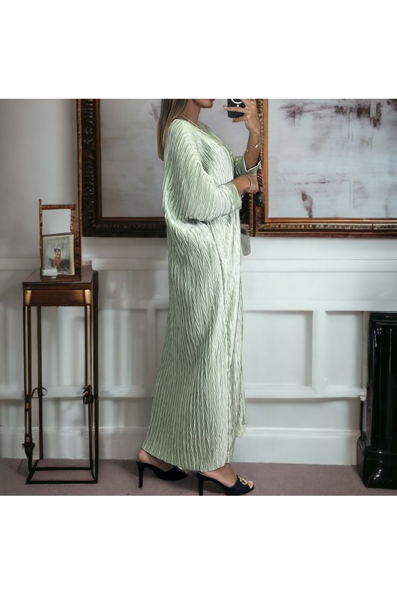 Long water green v-neck dress with pattern - 4