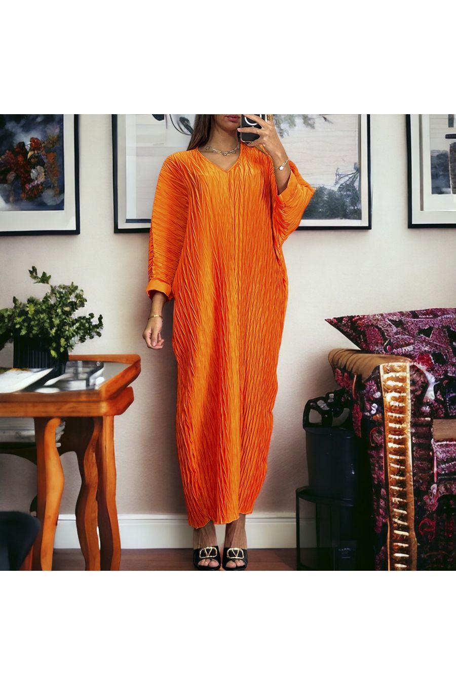 Longue robe col v orange  avec motif - 1