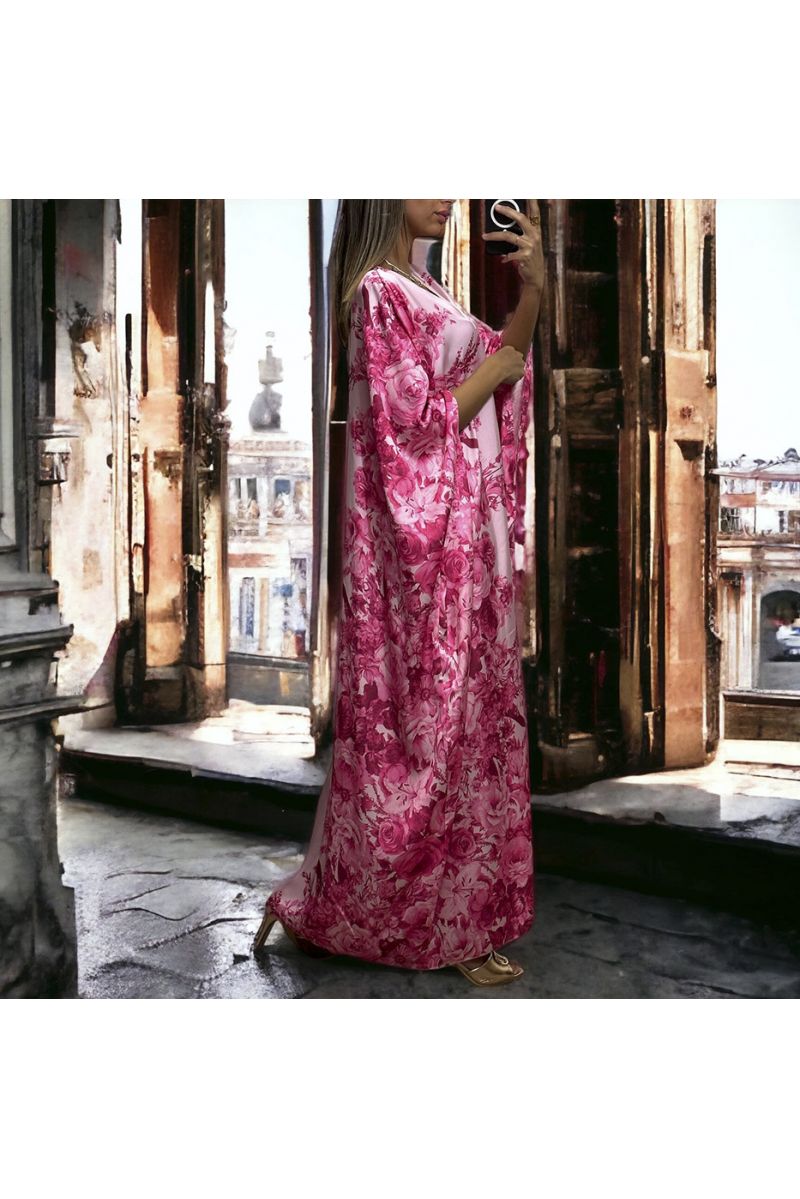 Long loose fuchsia satin dress with floral pattern - 4
