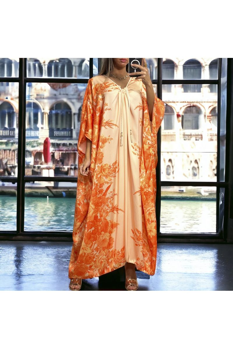 Long loose orange satin dress with floral pattern - 1