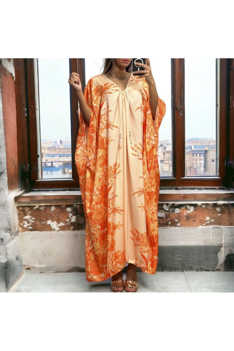 Long loose orange satin dress with floral pattern - 2
