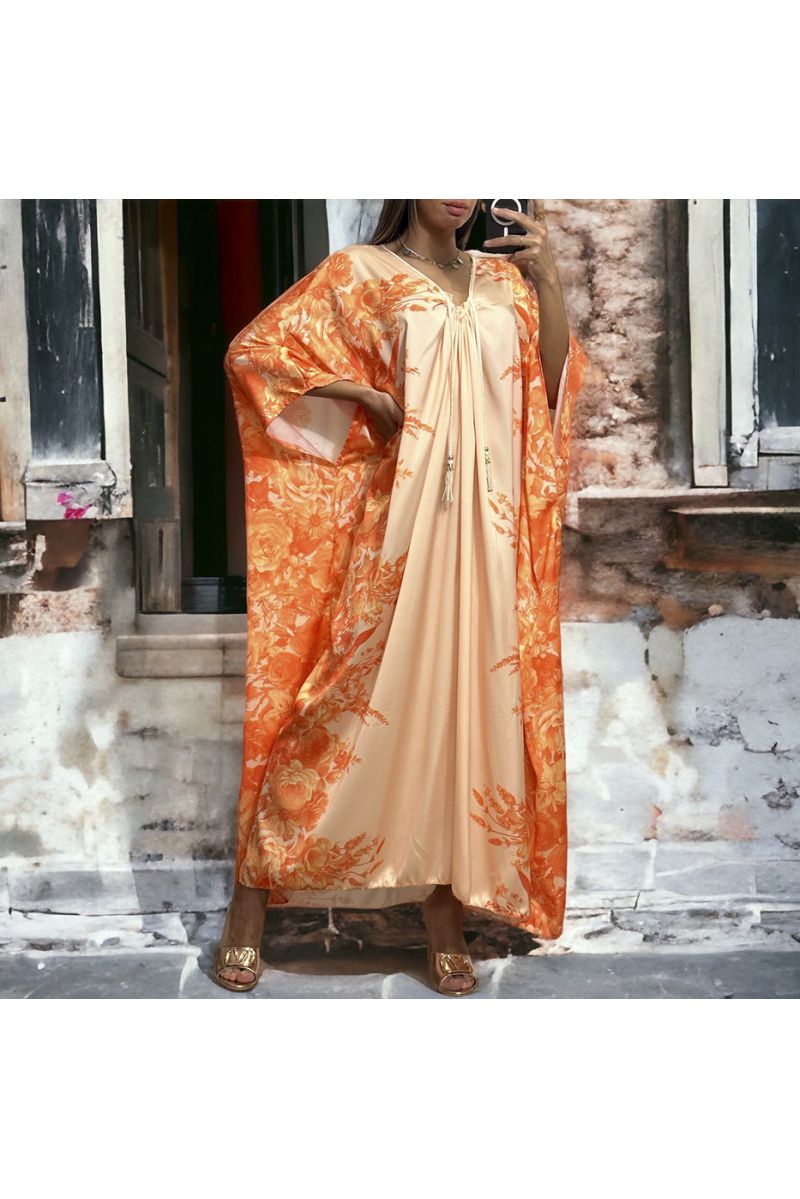 Long loose orange satin dress with floral pattern - 3