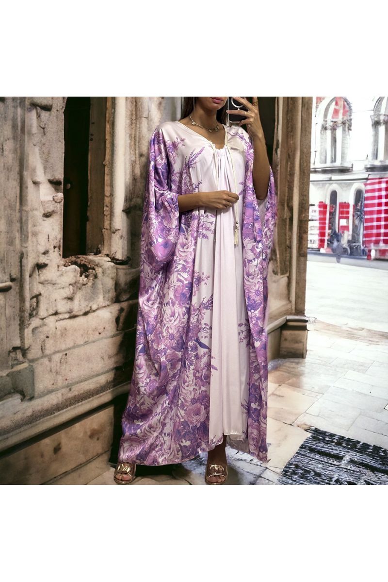 Long loose satin lilac dress with floral pattern - 1