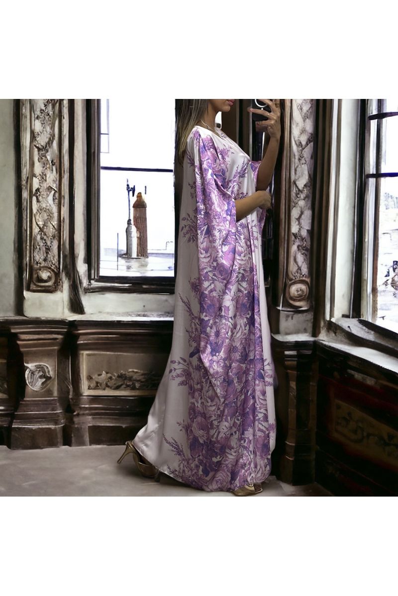 Longue robe ample satiné lilas motif fleuris - 2