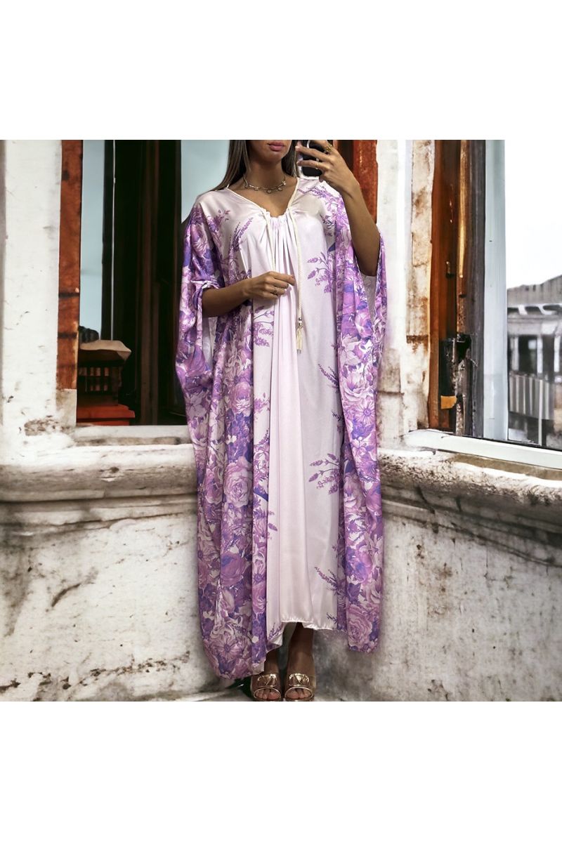 Long loose satin lilac dress with floral pattern - 3