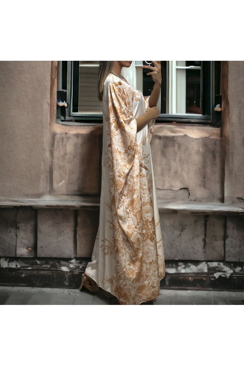 Long loose beige satin dress with floral pattern - 4