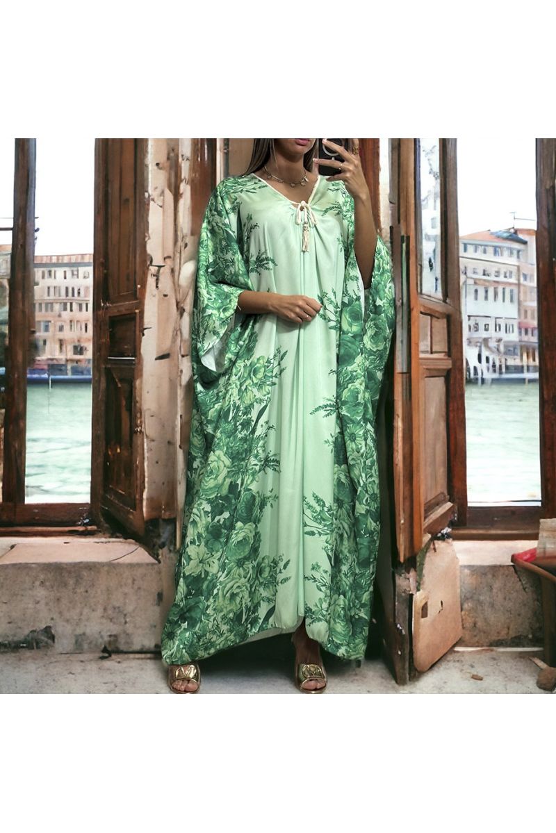 Long loose green satin dress with floral pattern - 1