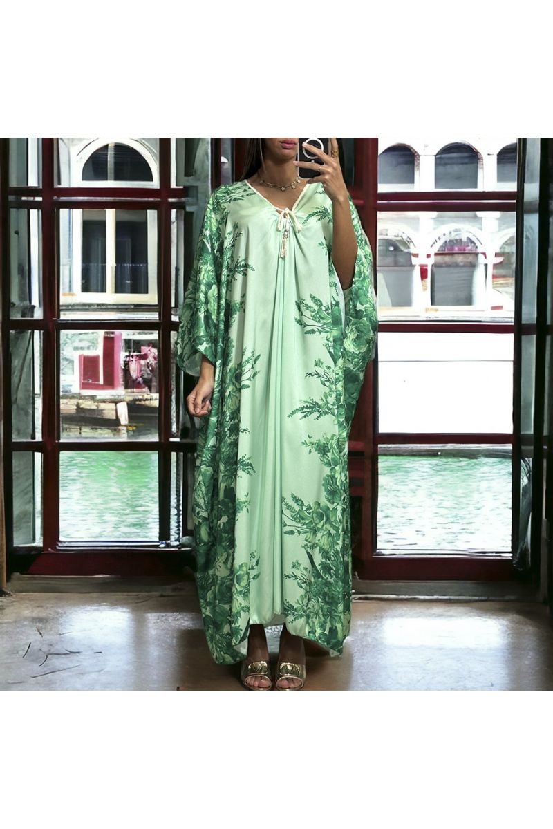 Long loose green satin dress with floral pattern - 2