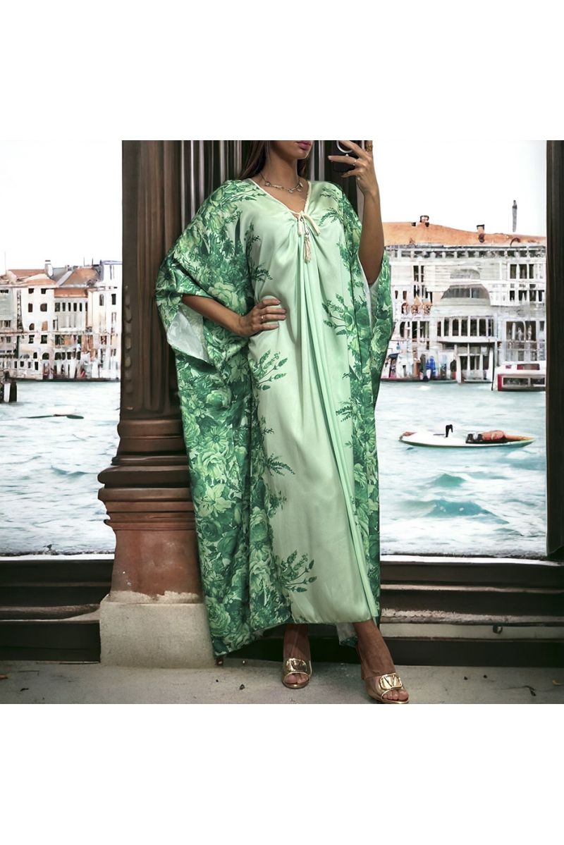 Long loose green satin dress with floral pattern - 3