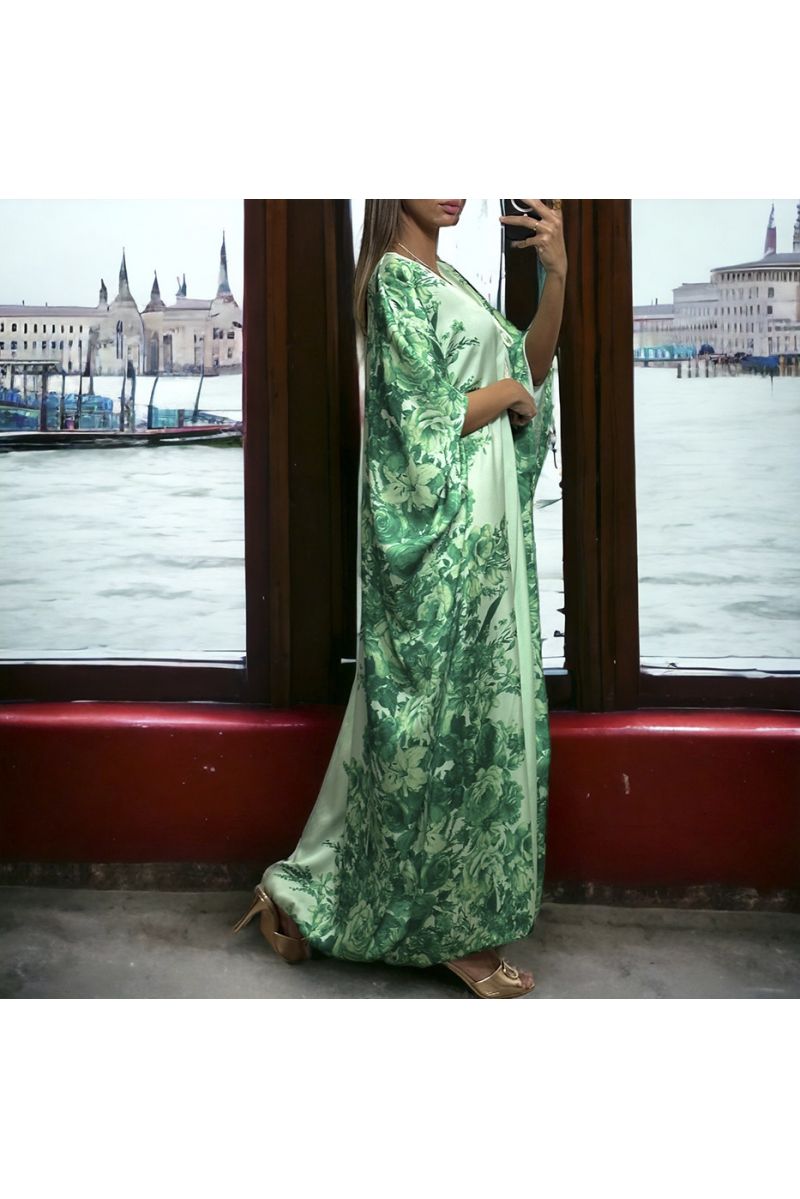 Long loose green satin dress with floral pattern - 4