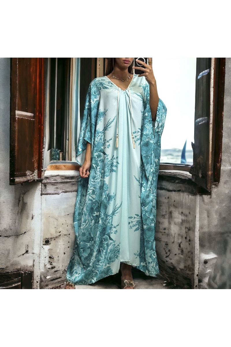 Long loose turquoise satin dress with floral pattern - 1