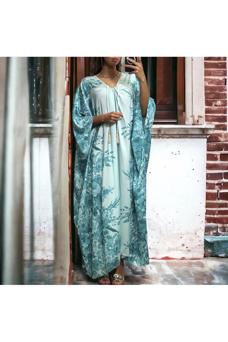 Long loose turquoise satin dress with floral pattern - 2