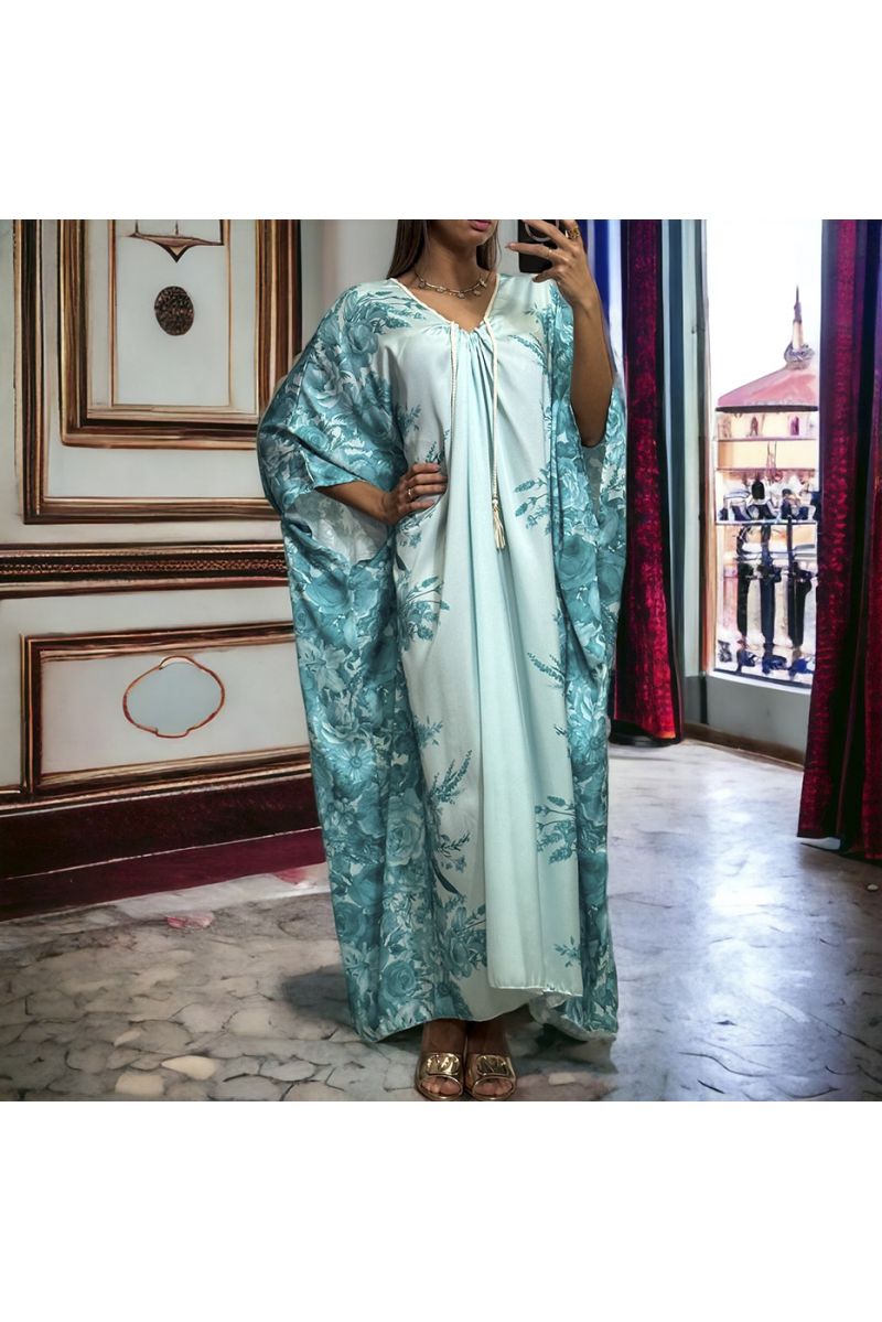 Long loose turquoise satin dress with floral pattern - 3