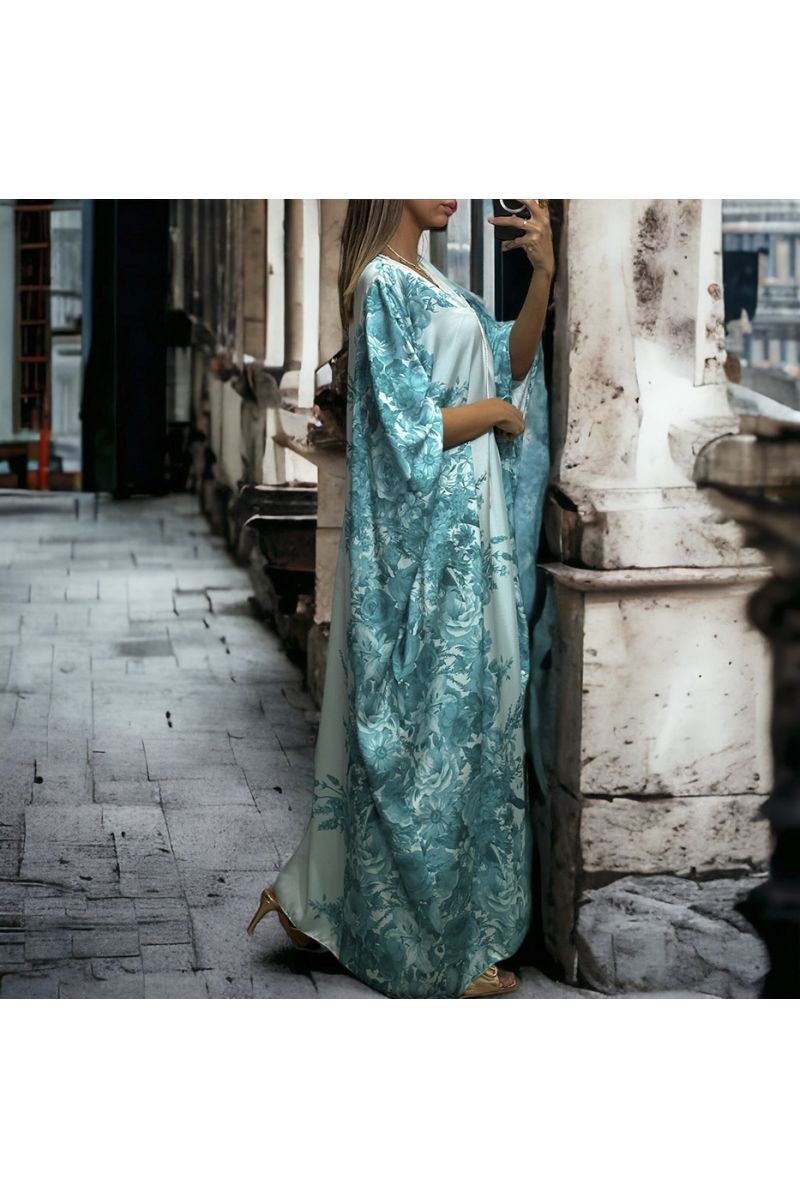 Longue robe ample satiné turquoise motif fleuris - 4