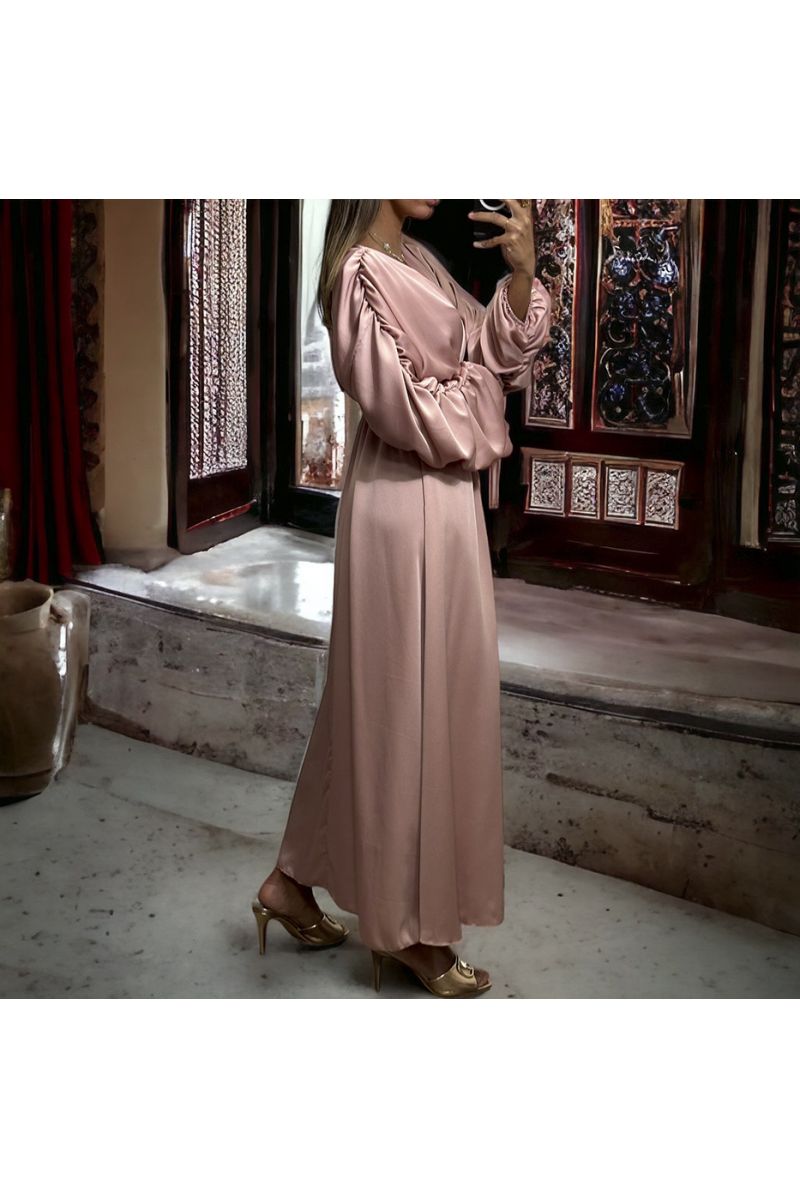 Long pink double-breasted satin dress gathered at the sleeves - 3