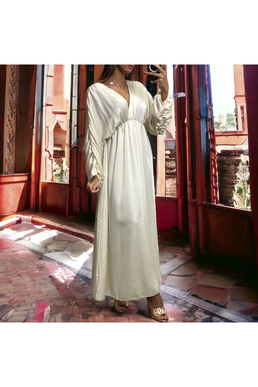 Long beige double-breasted satin dress gathered at the sleeves - 6