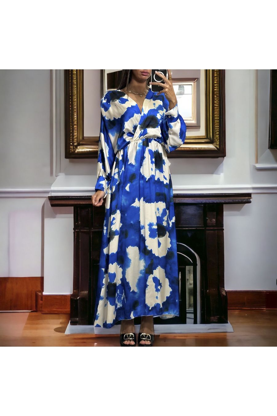 Long royal satin dress with pretty pastel pattern - 1