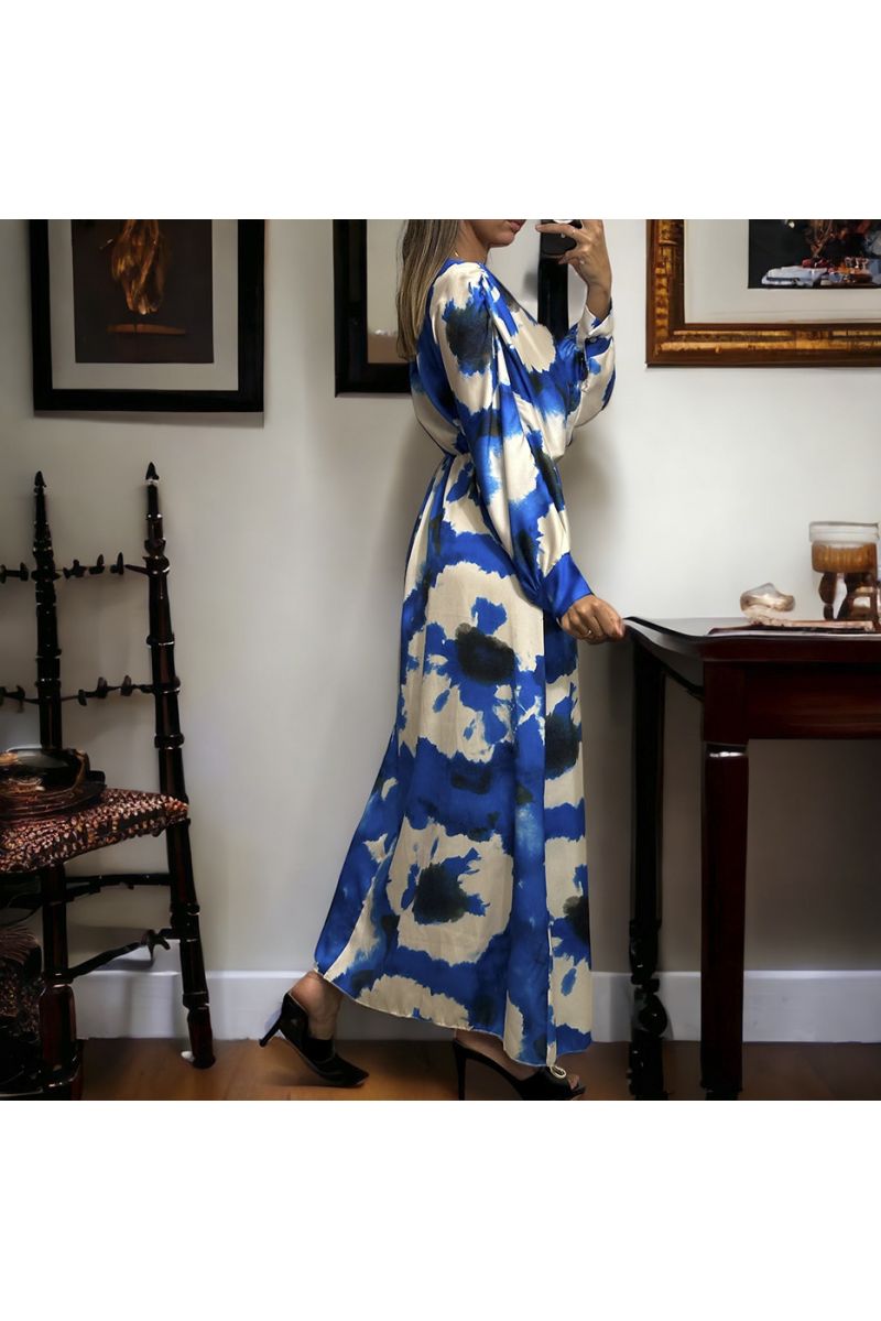 Long royal satin dress with pretty pastel pattern - 4