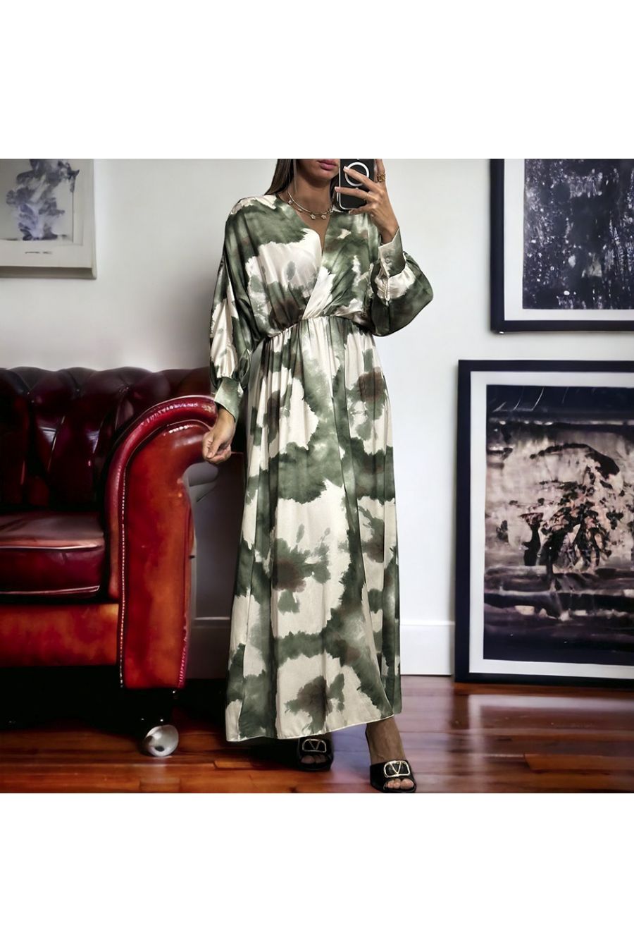 Long khaki satin dress with pretty pastel pattern - 1