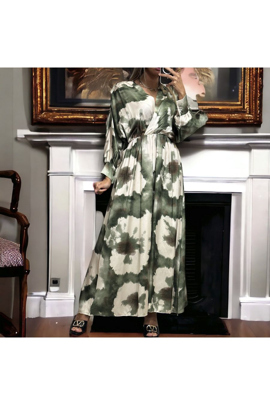 Long khaki satin dress with pretty pastel pattern - 2
