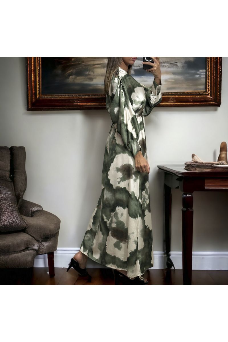 Long khaki satin dress with pretty pastel pattern - 3