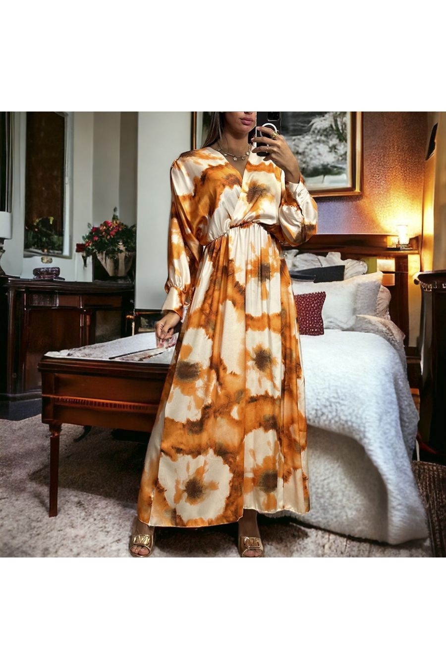 Long orange satin dress with pretty pastel pattern - 1