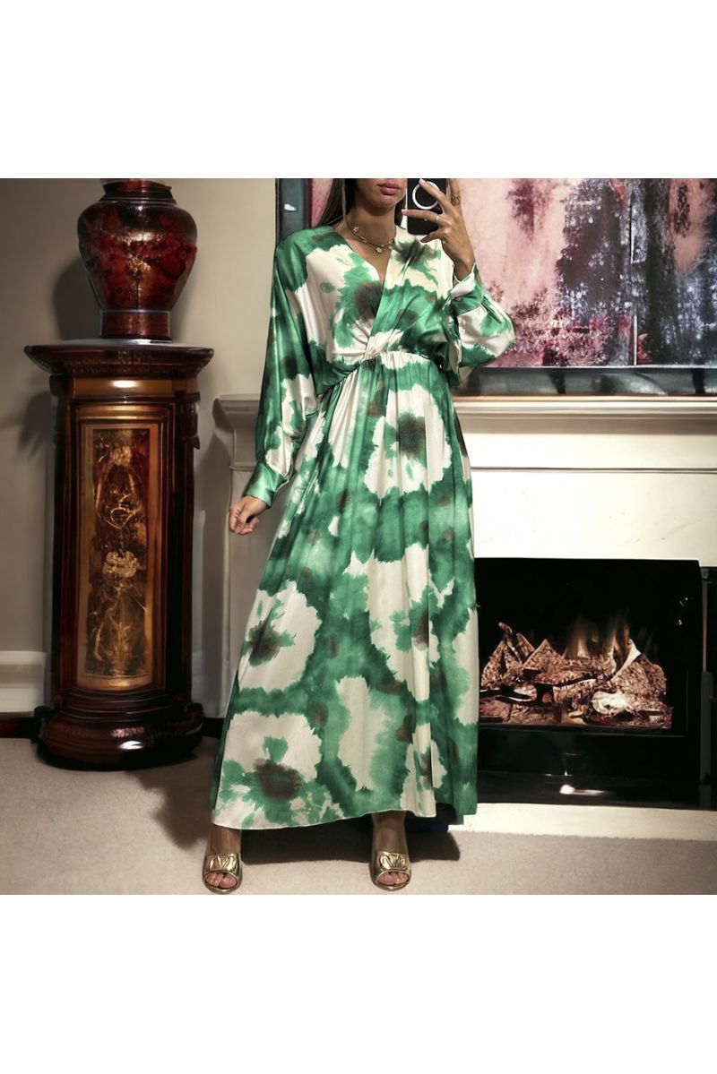 Long green satin dress with pretty pastel pattern - 1
