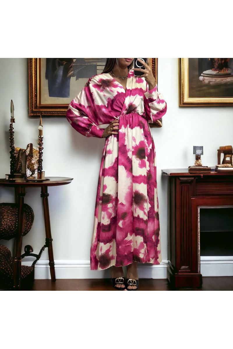 Long fuchsia satin dress with pretty pastel pattern - 2