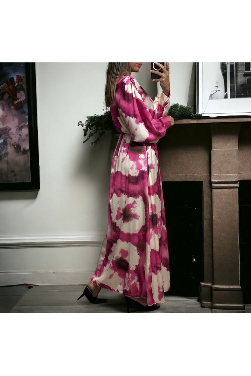 Long fuchsia satin dress with pretty pastel pattern - 3