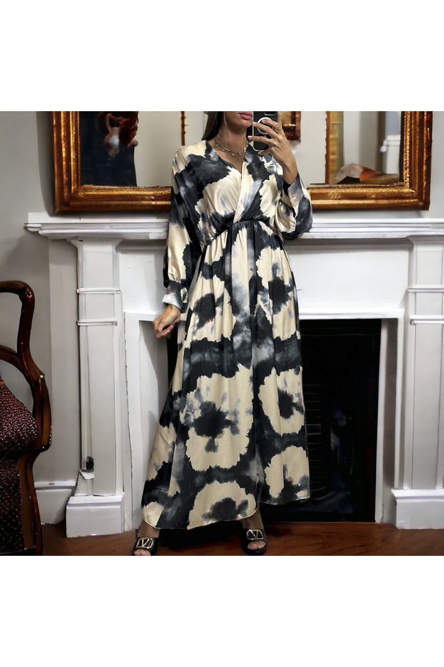 Long black satin dress with pretty pastel pattern - 1