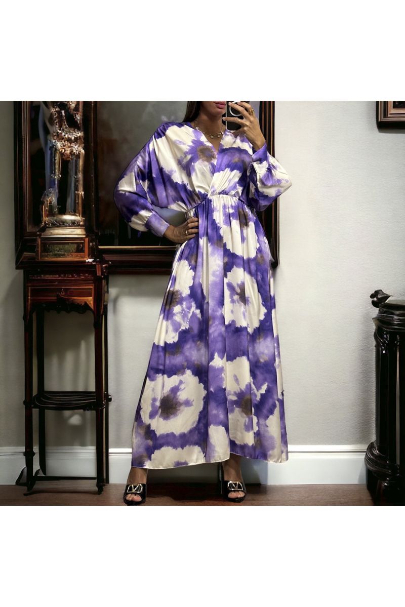 Long lilac satin dress with pretty pastel pattern - 1