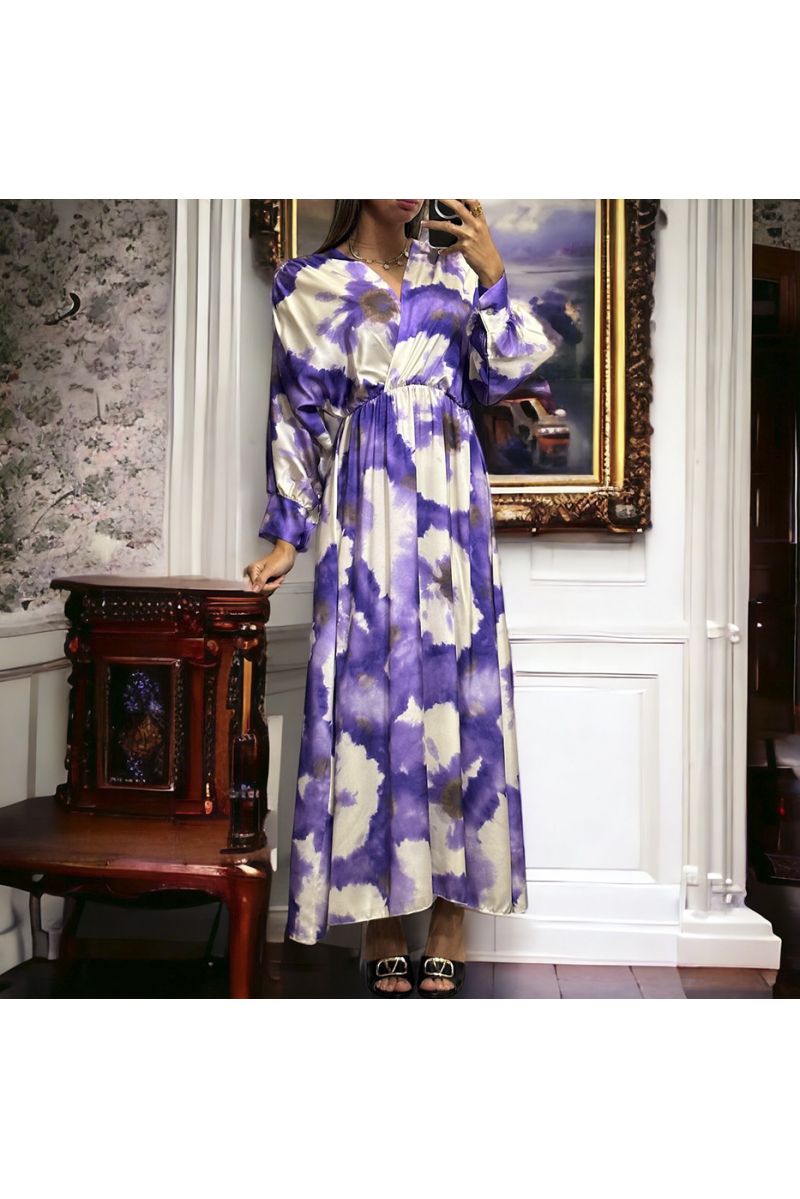 Long lilac satin dress with pretty pastel pattern - 2