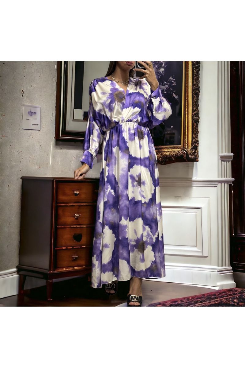 Long lilac satin dress with pretty pastel pattern - 4
