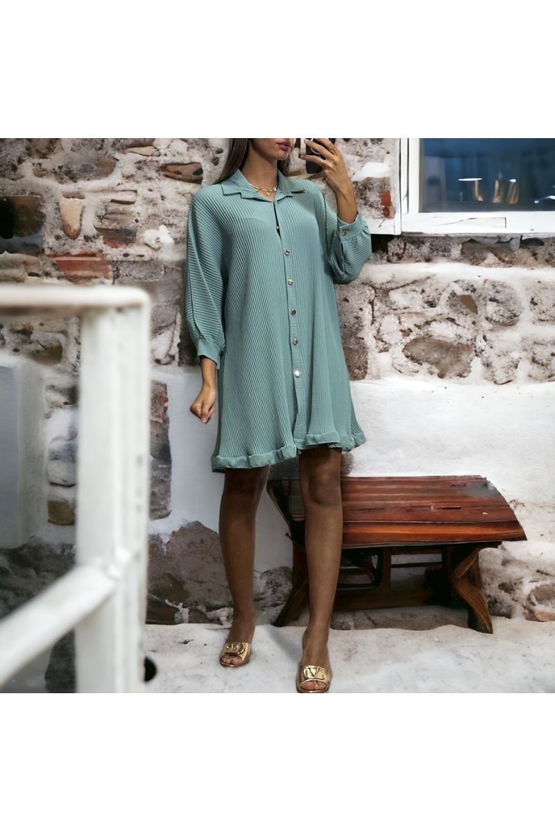 Water green buttoned pleated tunic dress - 2